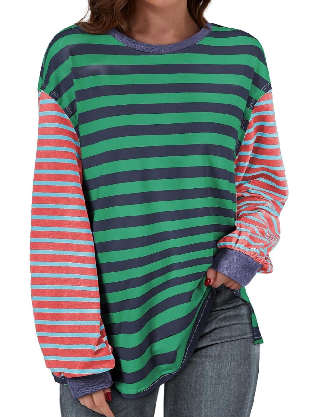 BLENCOT Women's Oversized T Shirts Fall Long Sleeve Striped Color Block. Size M
